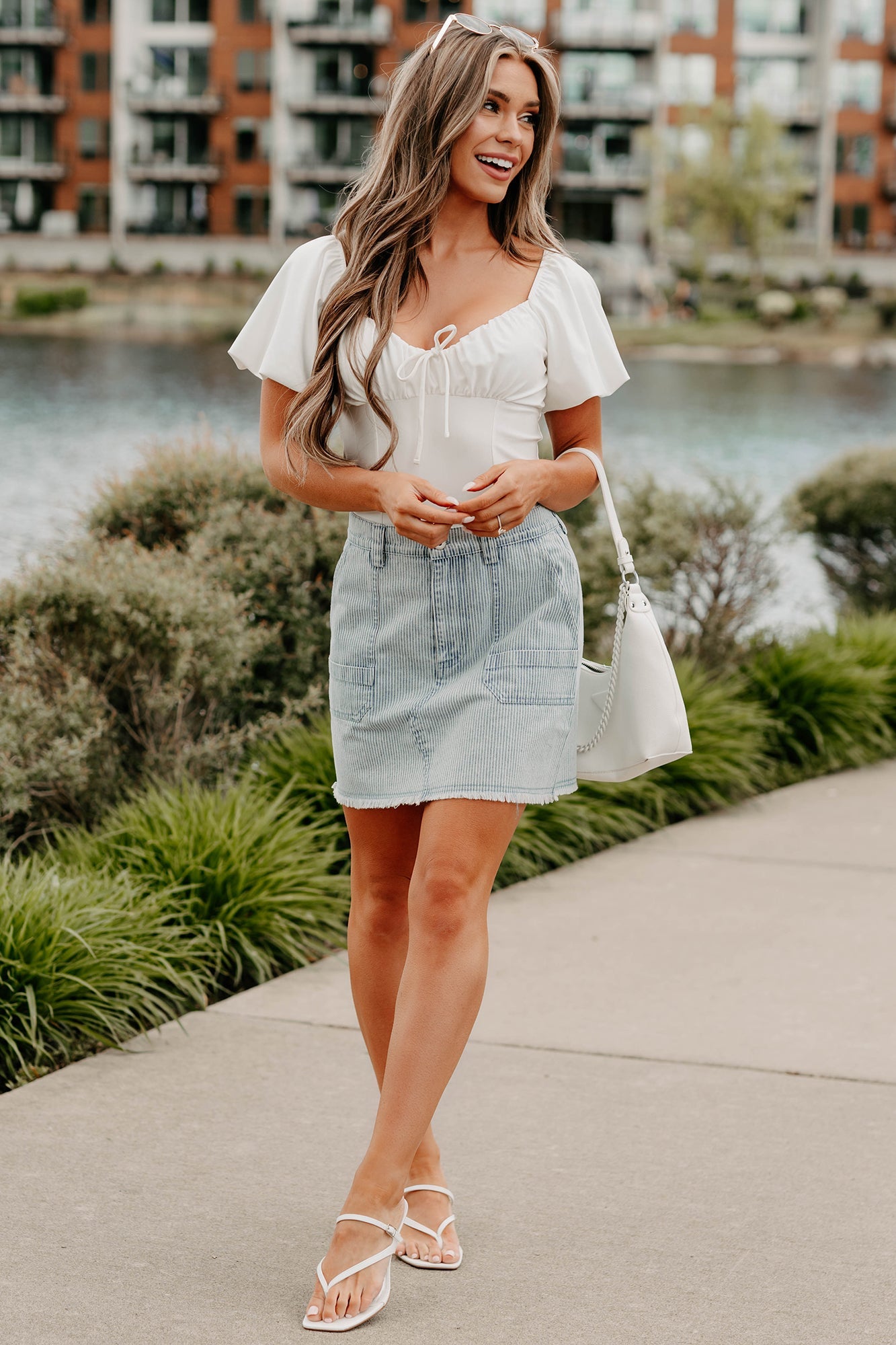 Humming Along Puff Sleeve Scoop Neck Bodysuit (White)