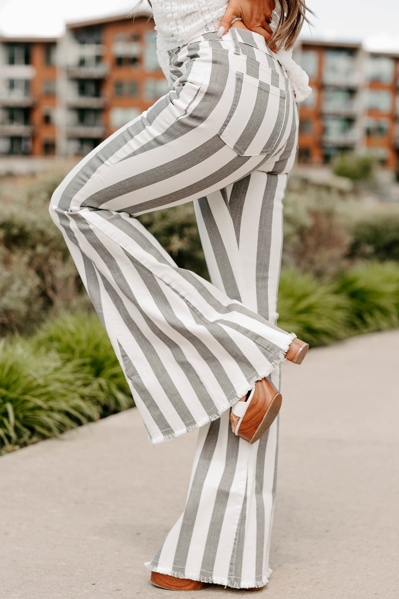 Certified Flirt Striped Flare Jeans (White/Charcoal)