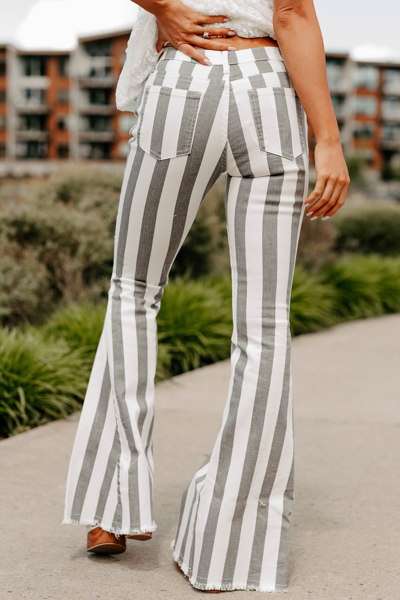 Certified Flirt Striped Flare Jeans (White/Charcoal)