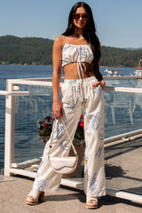 Drinks On The Patio Printed Drawstring Crop Top (Cream)