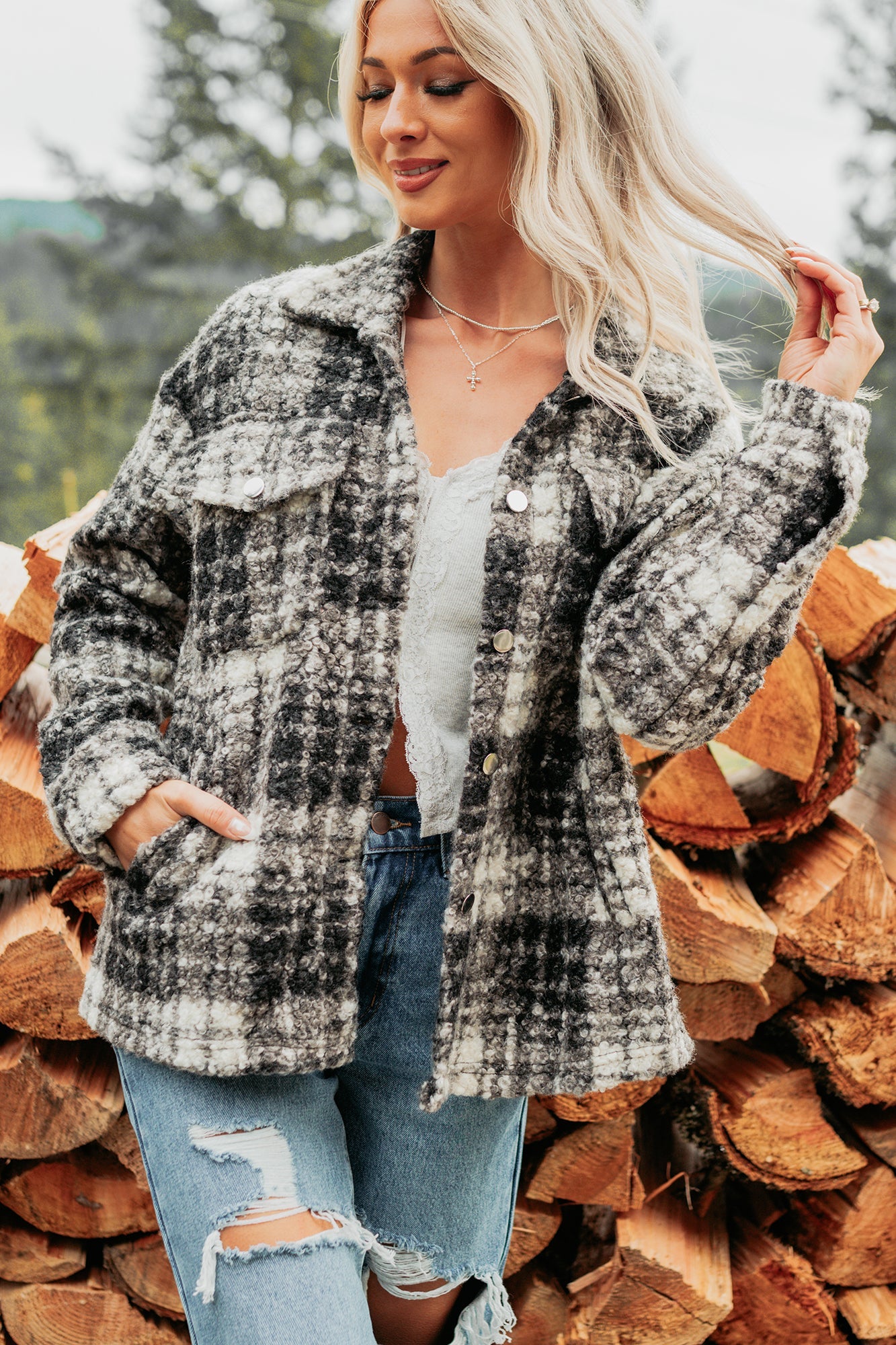 Deadline Driven Plaid Boucle Button-Up Jacket (Black)
