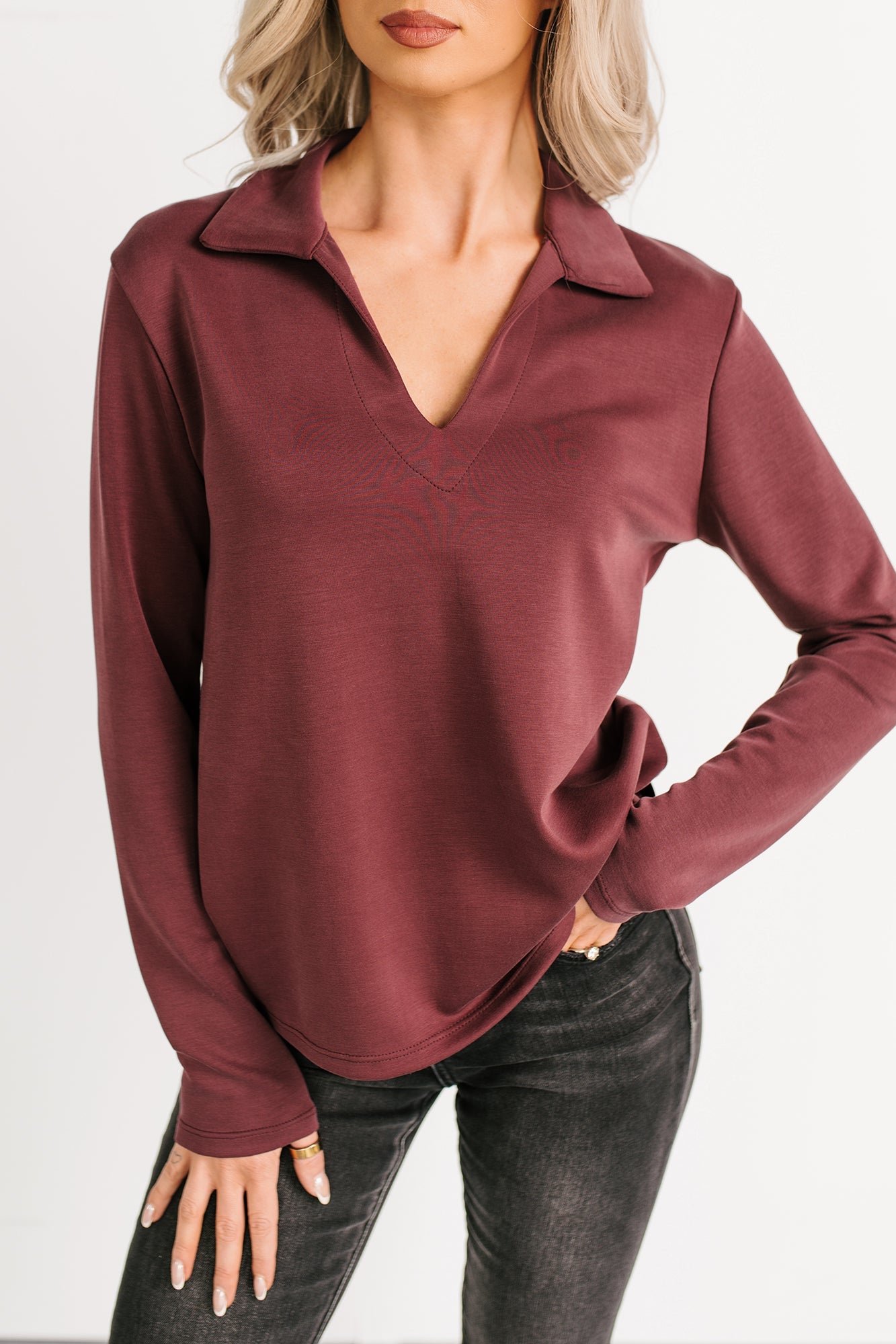 Honest Mood Collared V Neck Long Sleeve Top (Maroon)