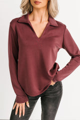Honest Mood Collared V Neck Long Sleeve Top (Maroon)