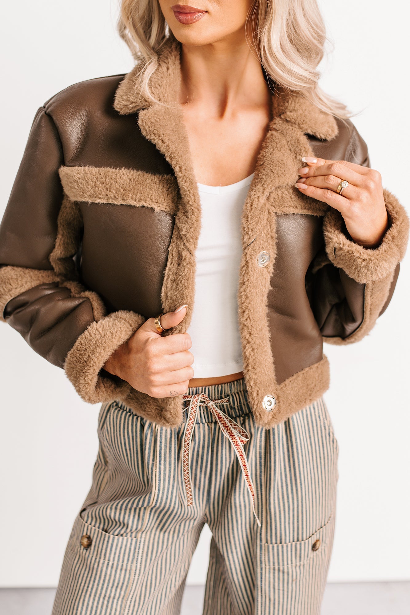 She's Fire Faux Leather Fur Trim Crop Jacket (Chocolate)