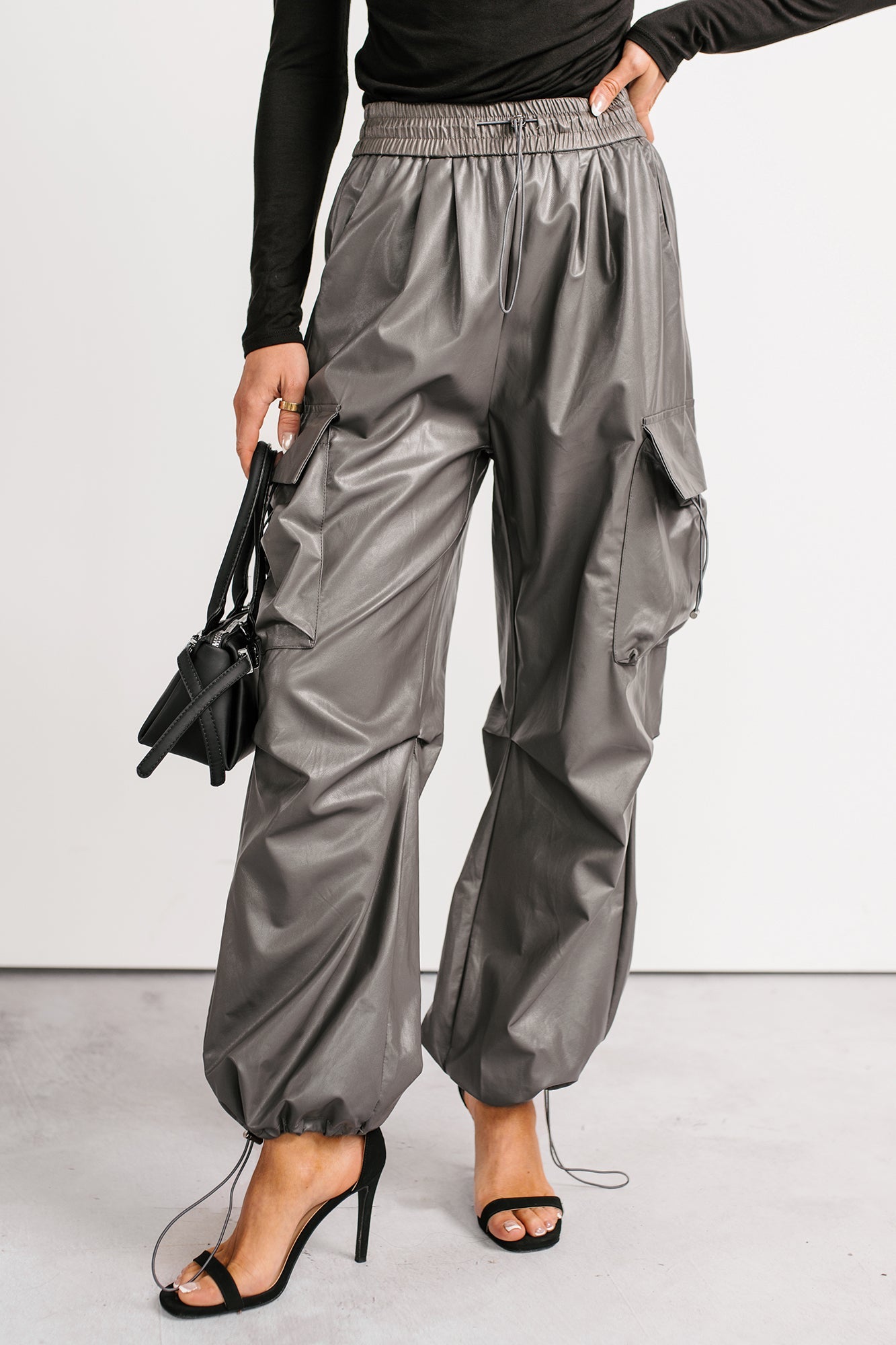 Don't Be Shy Faux Leather Cargo Pants (Grey)