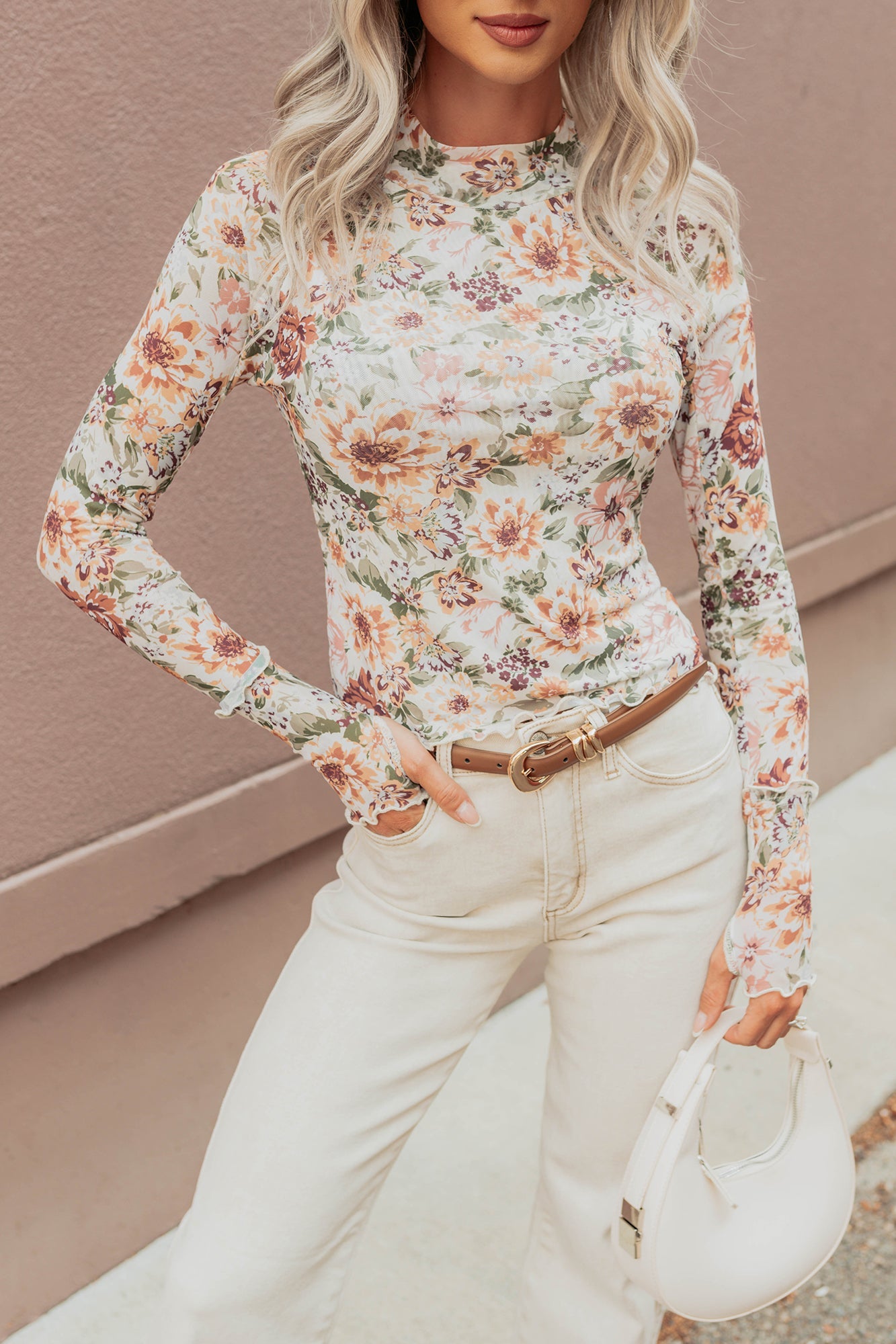 Hold My Hand Floral Mesh Long Sleeve Top (Cream)