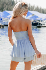 Dotty Darling Strapless Tiered Romper (Light Blue)
