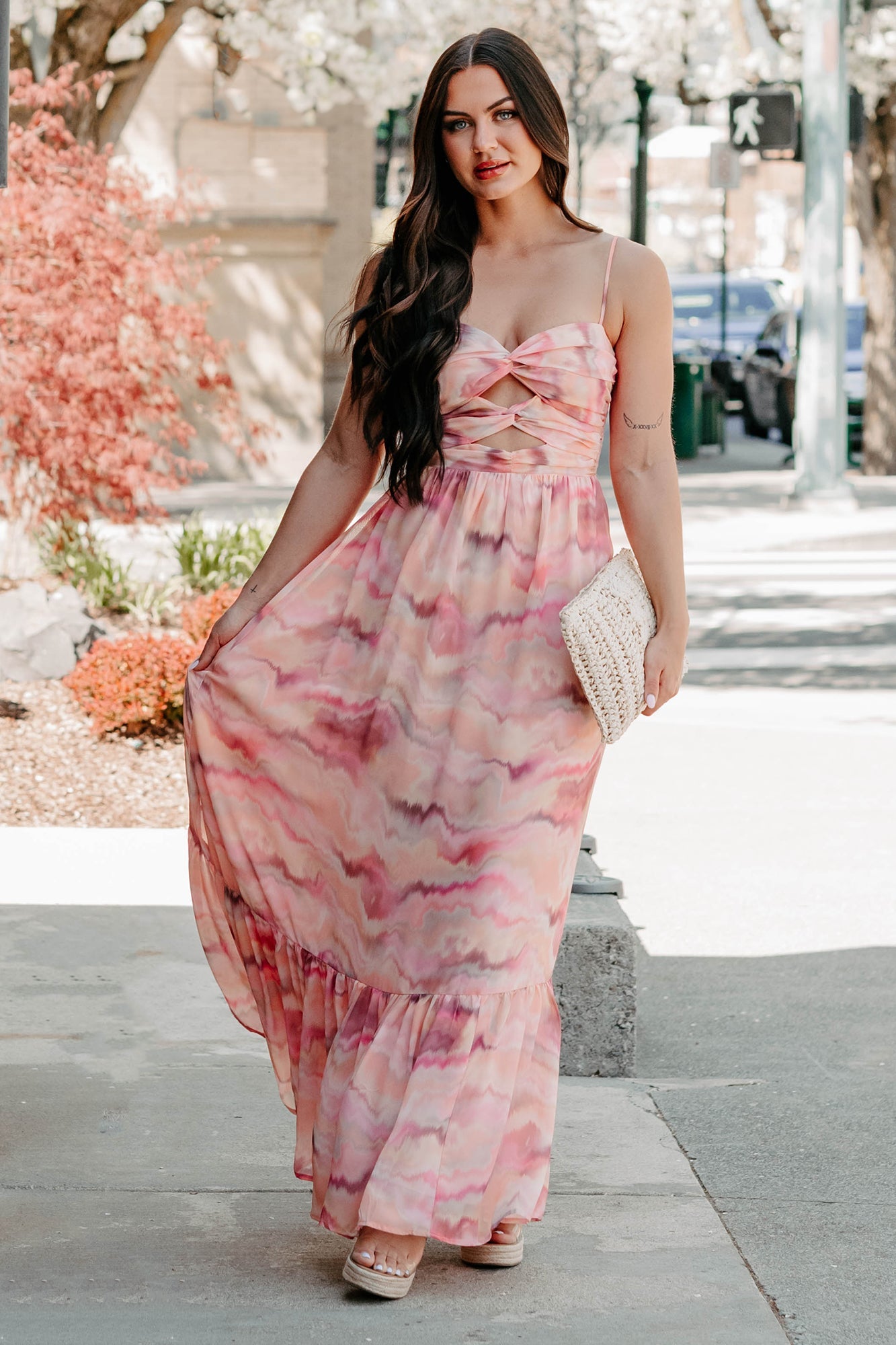 I Hope You Think Of Me Marble Printed Maxi Dress (Pink Multi)