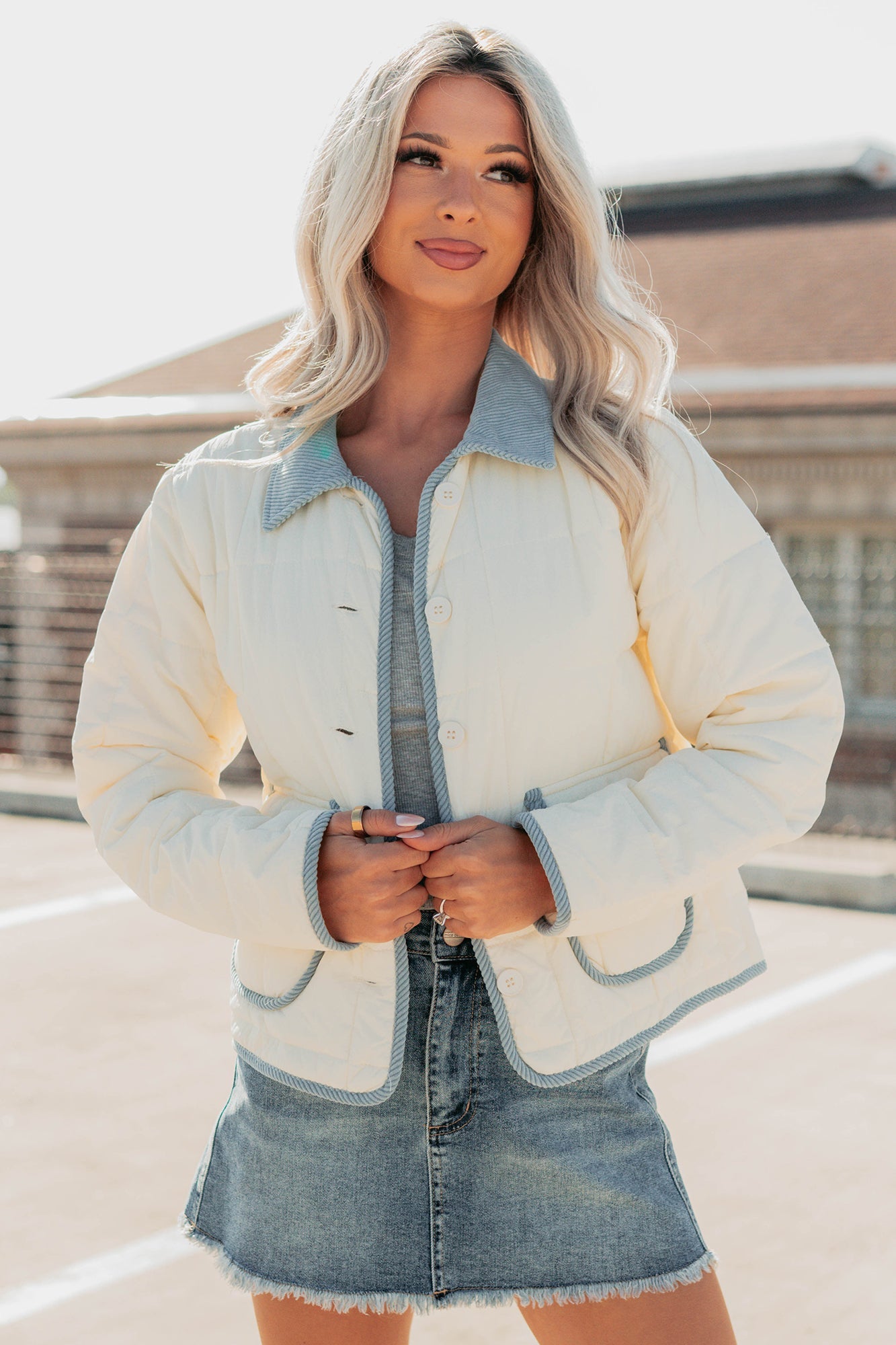 Chasing Dreams Contrast Seam Puffer Jacket (Ecru)