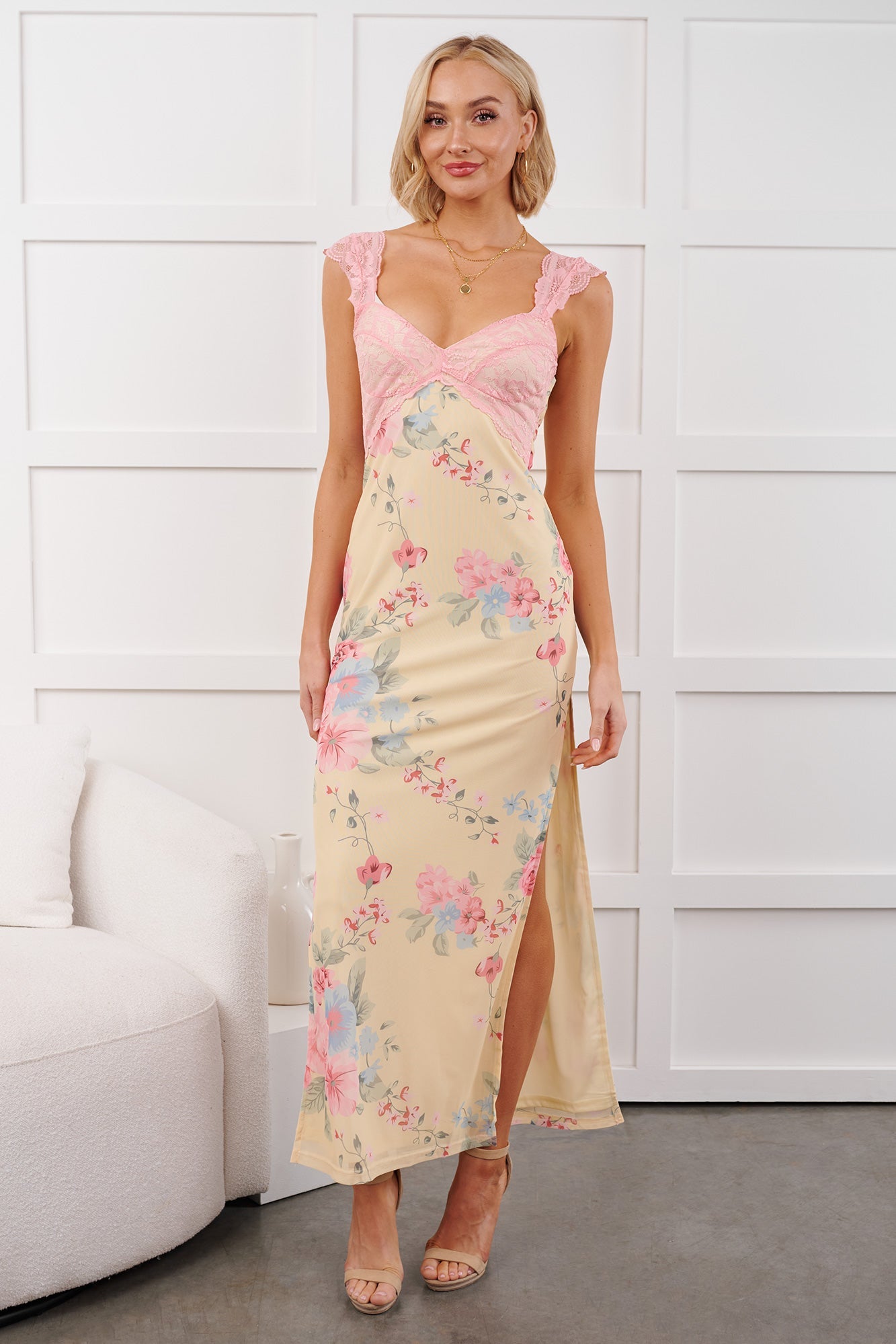 Growing & Glowing Lace Detail Floral Mesh Maxi Dress (Pink/Yellow)
