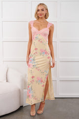 Growing & Glowing Lace Detail Floral Mesh Maxi Dress (Pink/Yellow)
