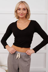 Daily Rhythm Long Sleeve V Neck Crop Top (Black)
