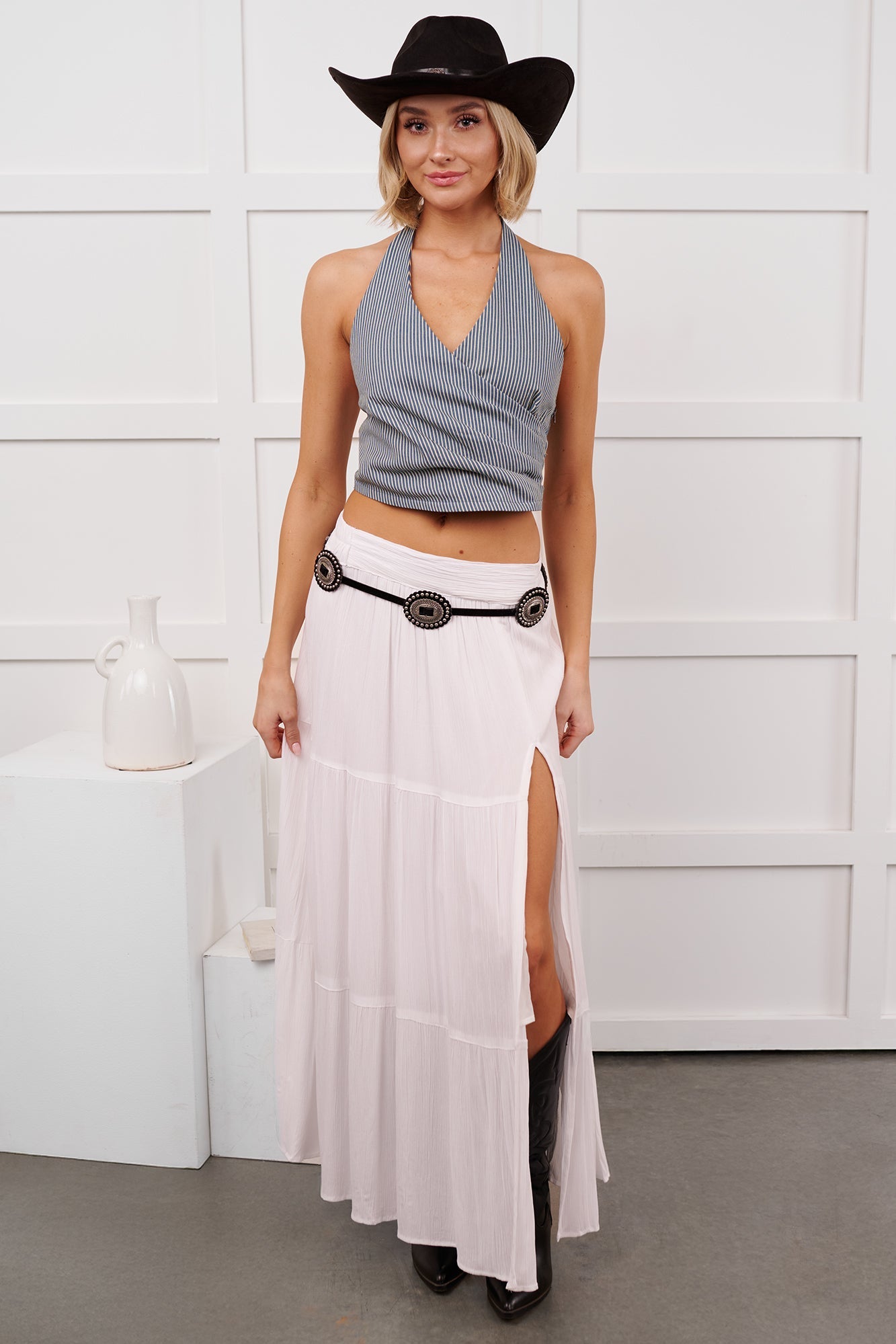 Love Cue Stripe Halter Denim Crop Top (Blue/White)