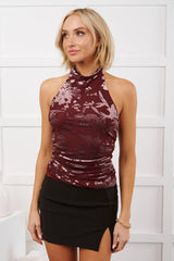 In A Shimmer State Floral Halter FORE Top (Burgundy)