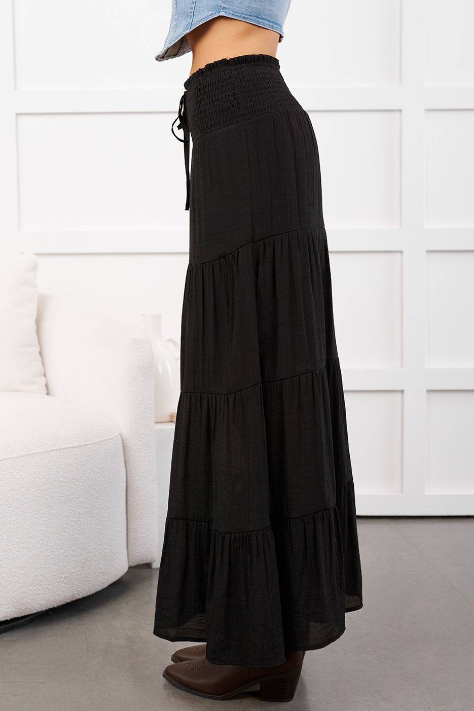 Ocean Serenade Tiered Maxi Skirt (Black)