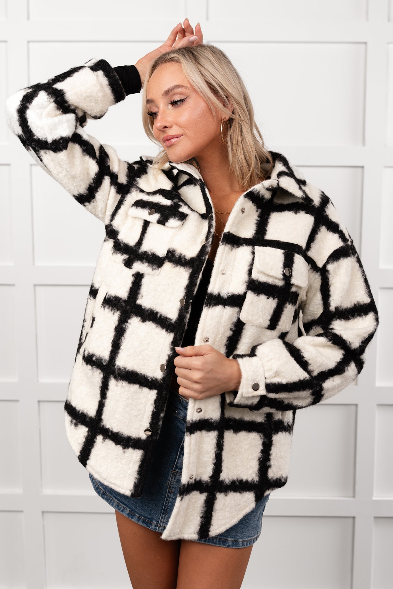 Hearth Light Grid Print Brushed Fleece Coat (Black)