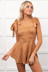 Life Manifest Sleeveless Faux Suede Romper (Camel)