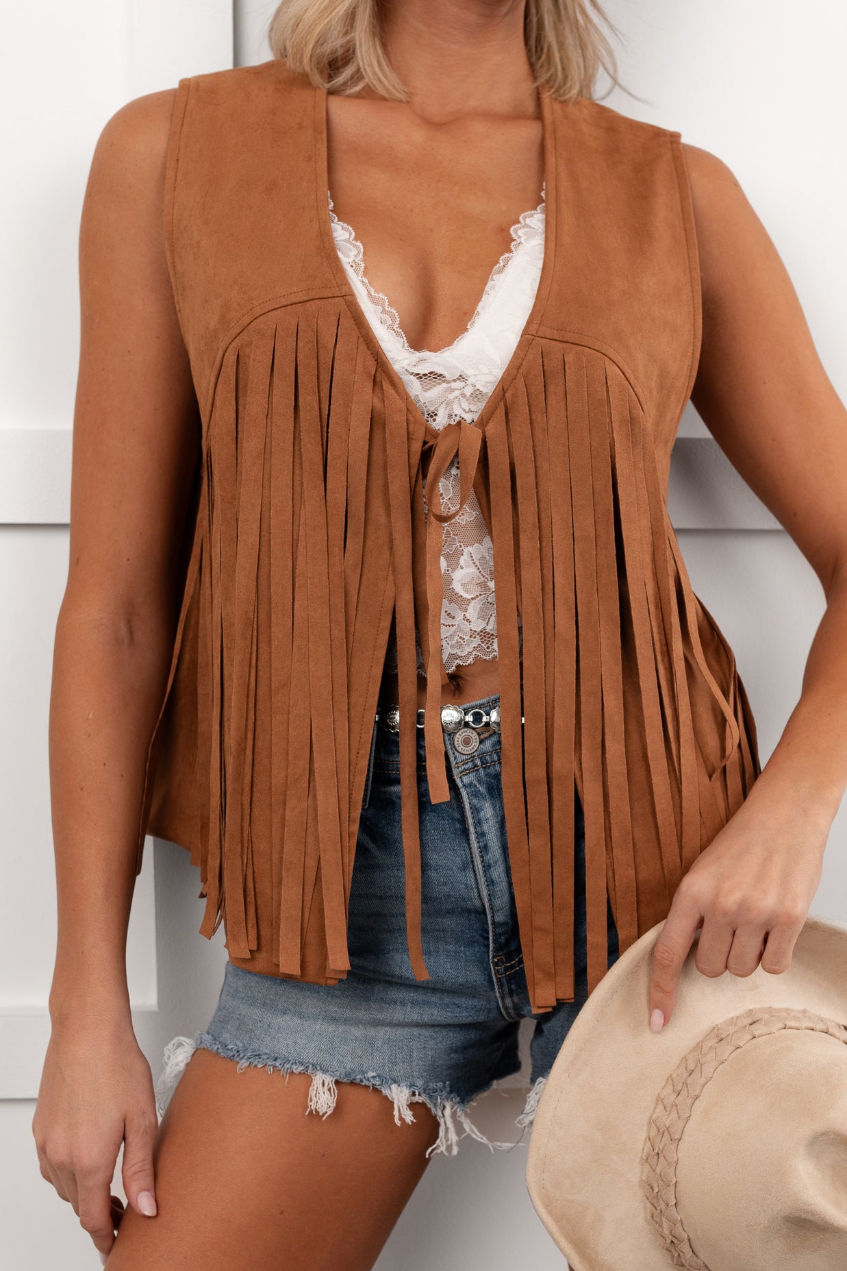 Barnwood Love Faux Suede Fringe Detail Vest (Camel)