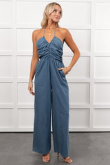 Been Done Before Halter Tie Wide Leg Jumpsuit (Denim)