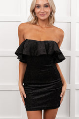 One More Time Velvet Glitter Ruffle Strapless Mini Dress (Black)