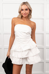 Bat Your Lashes Tiered Strapless Mini Dress (White)
