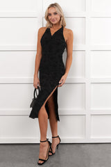Champagne Mood Floral Halter Midi Dress (Black)