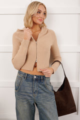 Quietly Content Zip-Up Hooded Knit Jacket (Mocha)