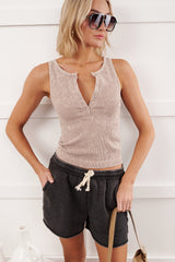 Chill Intentions Ribbed Washed Zenana Henley Tank (Ash Mocha)