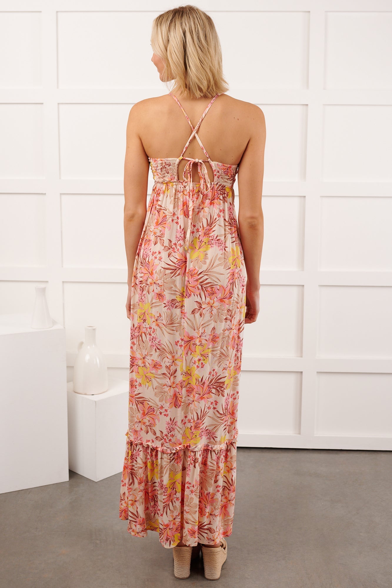 Kissed Soft Sleeveless Floral Maxi Dress (Ivory/Pink)