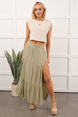 Darling Moments Tiered Slit Maxi Skirt (Sage)