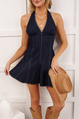 Lost On You Denim Halter Neck Sleeveless Mini Dress (Dark Wash)