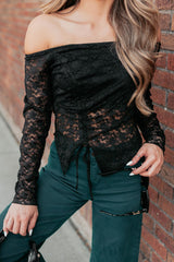 Up To Standard Ruched Lace Asymmetric Top (Black)