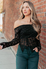 Up To Standard Ruched Lace Asymmetric Top (Black)