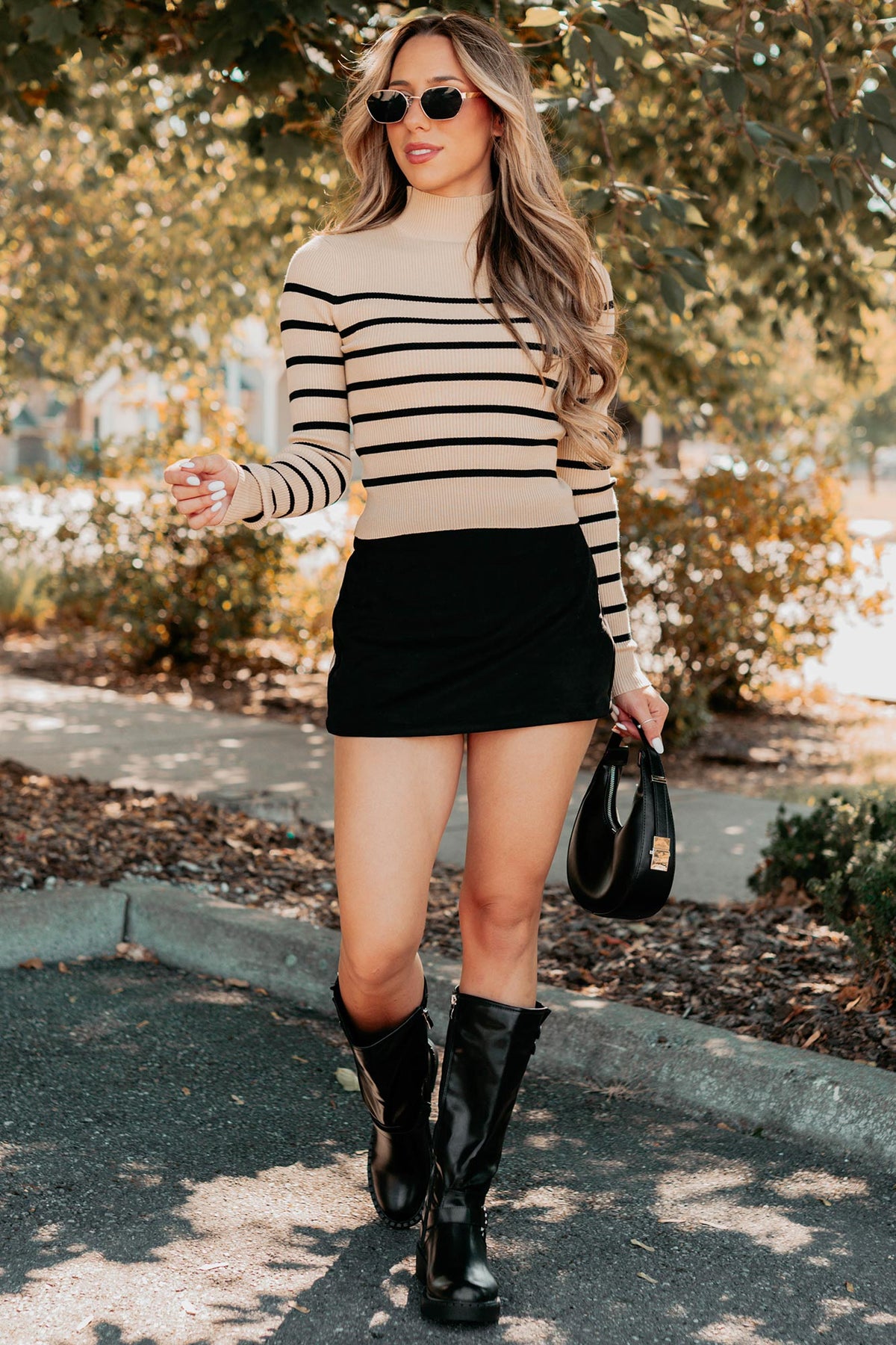 Blissful Rest Striped Mock Neck Sweater Top (Taupe/Black)
