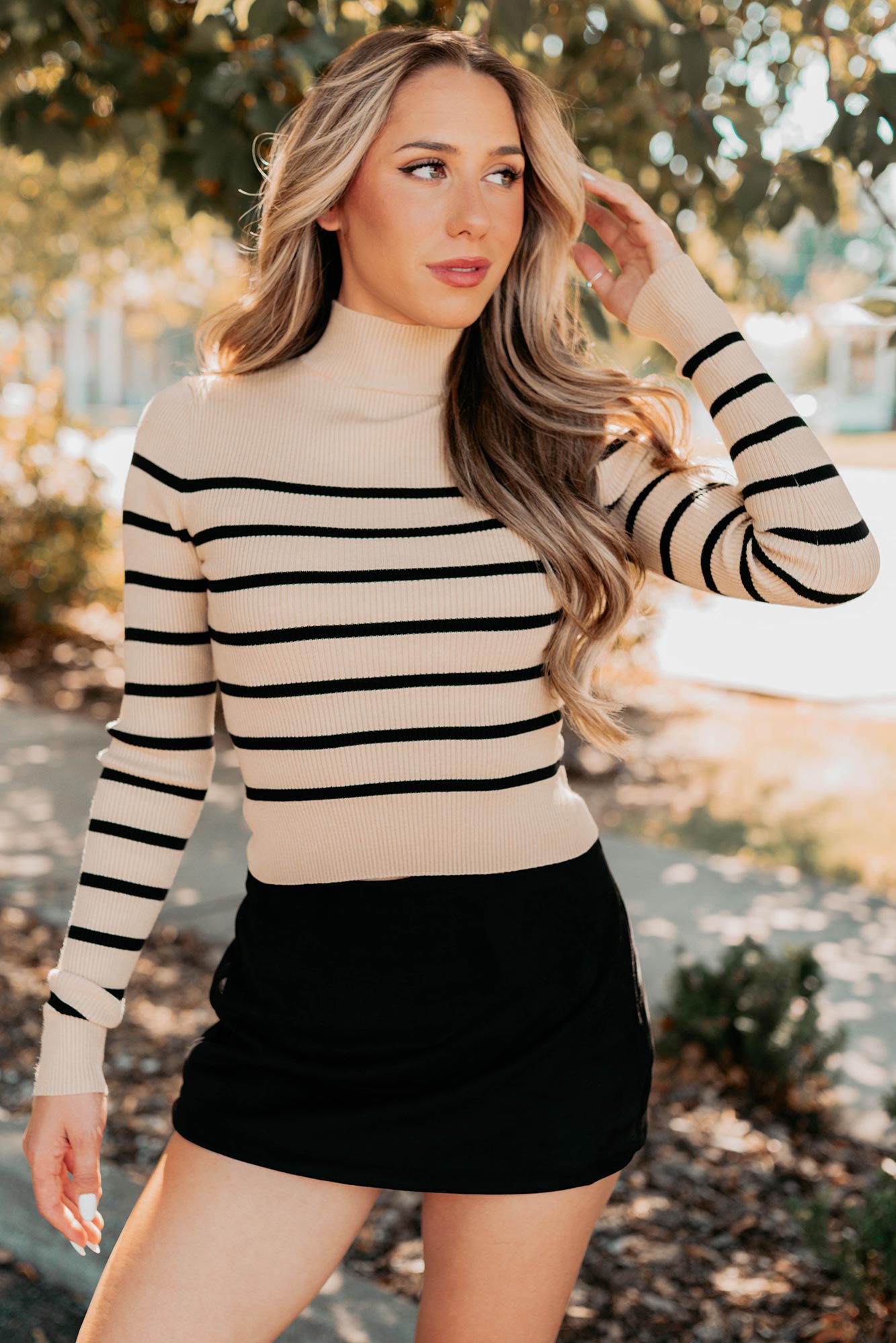 Blissful Rest Striped Mock Neck Sweater Top (Taupe/Black)