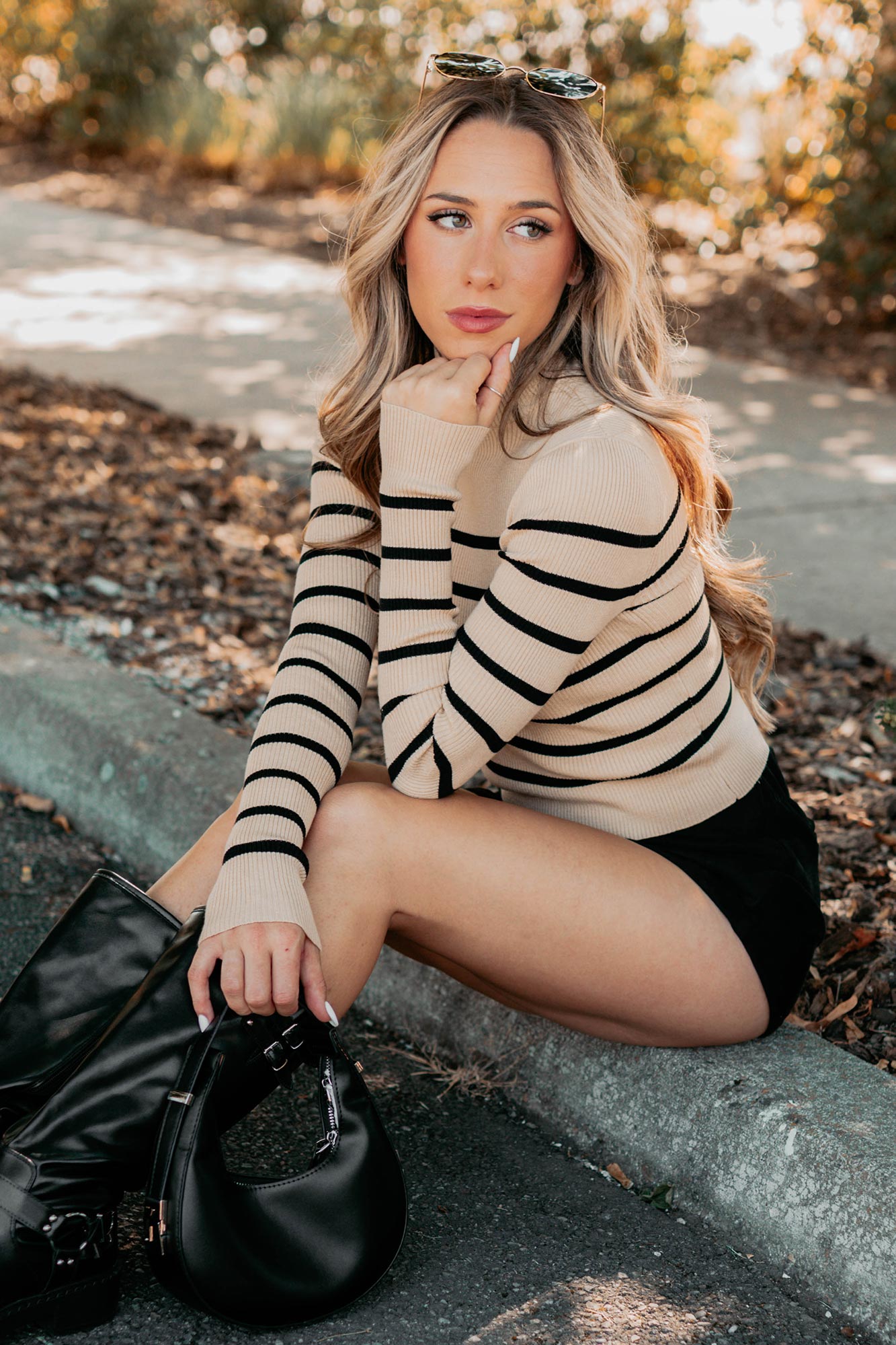 Blissful Rest Striped Mock Neck Sweater Top (Taupe/Black)
