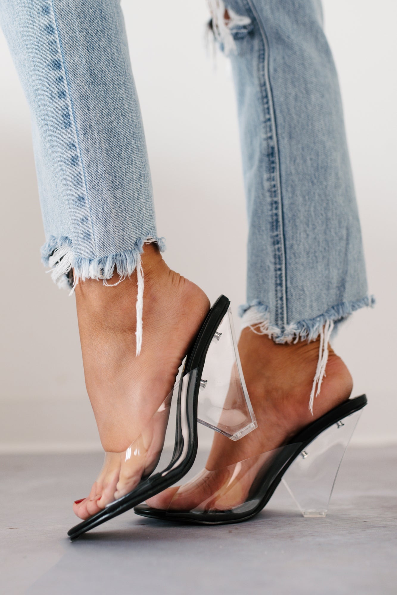 Glamour & Glow Clear Strap Lucite Heels (Black)