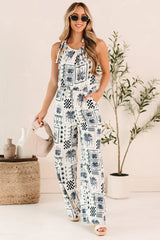 Ocean Calls Halter Abstract Print Jumpsuit (Ivory/Navy)