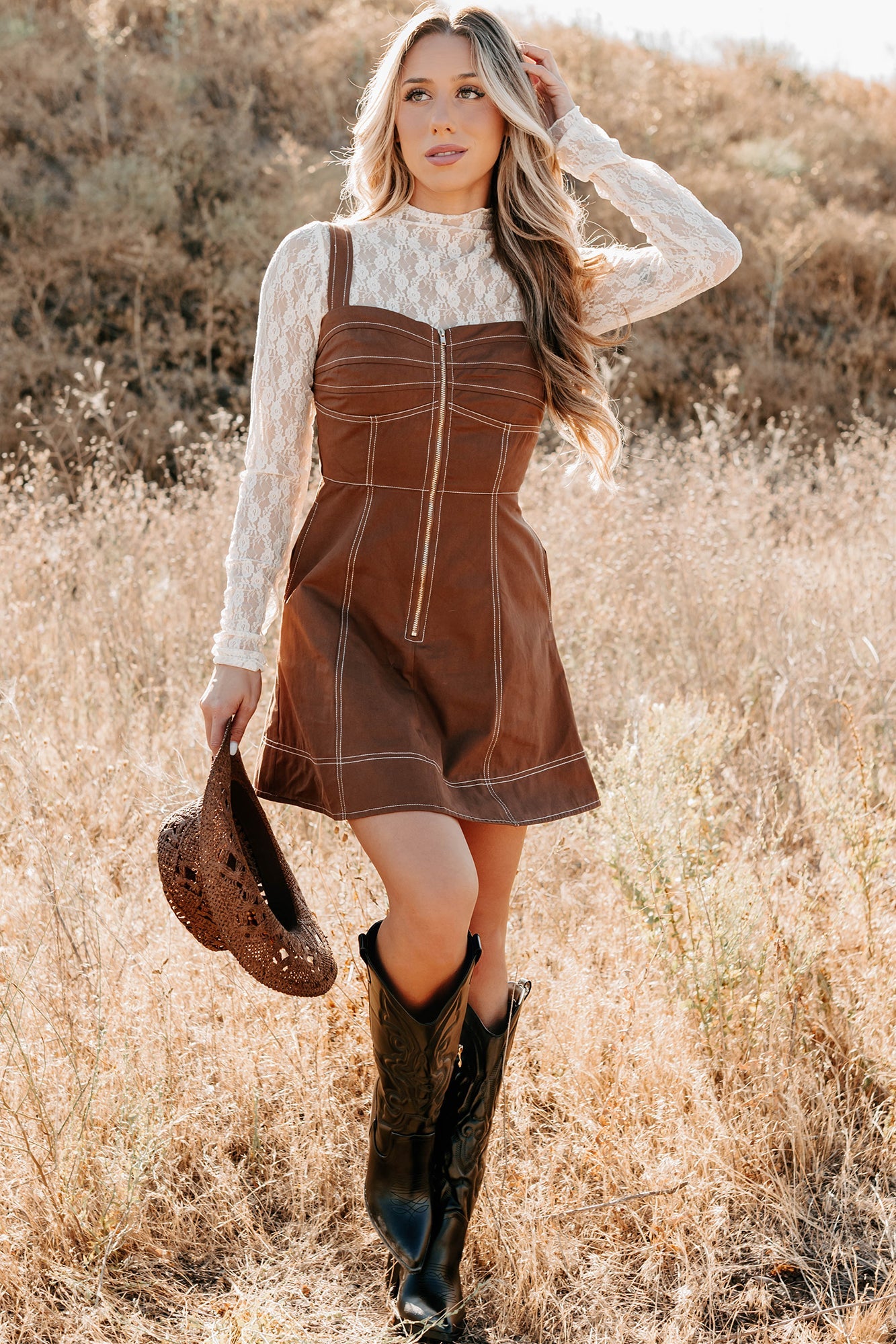 Soulful Gazes Sleeveless Denim Mini Dress (Mocha)