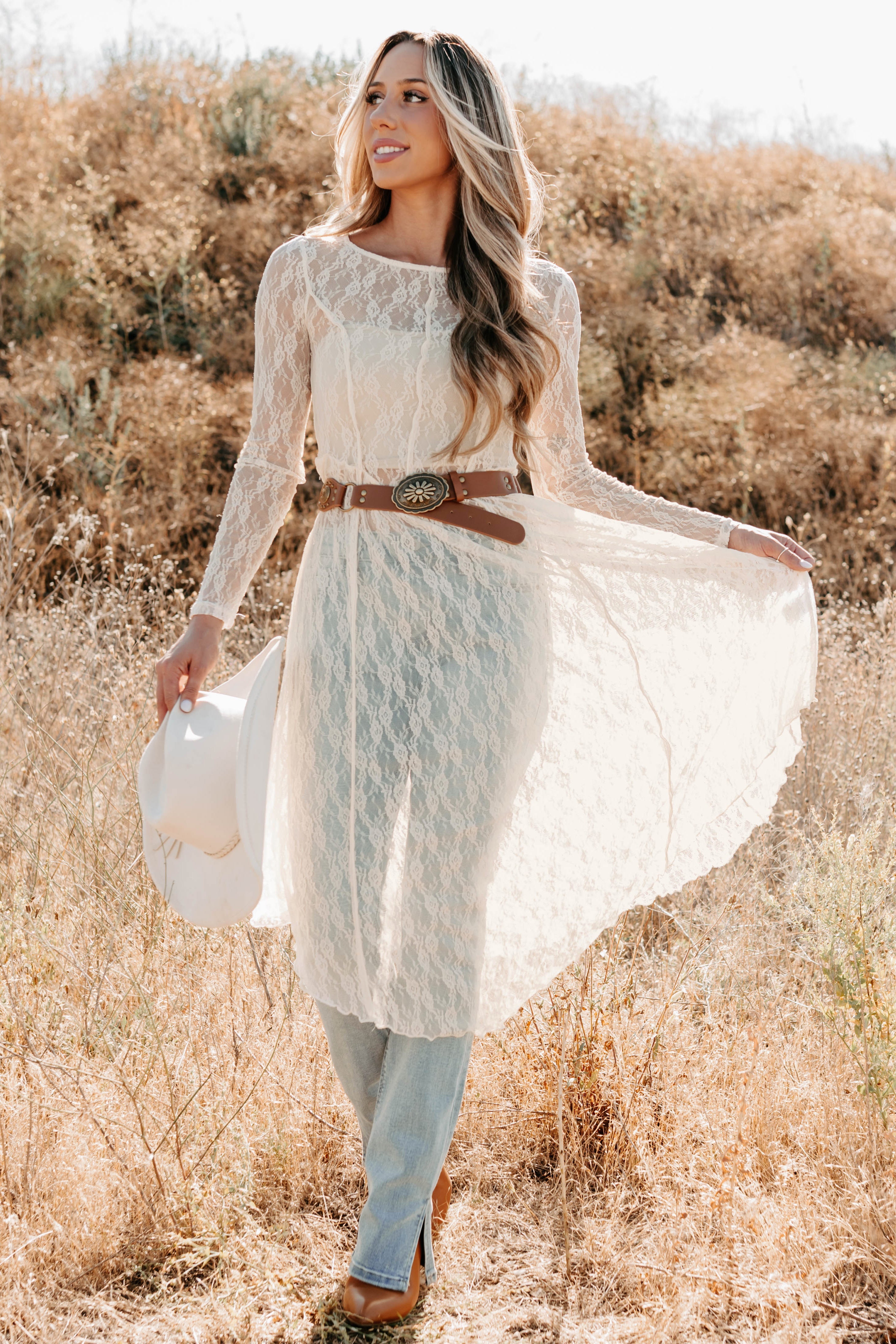 Spirit Dances Sheer Lace Midi Layering Dress (Ecru)