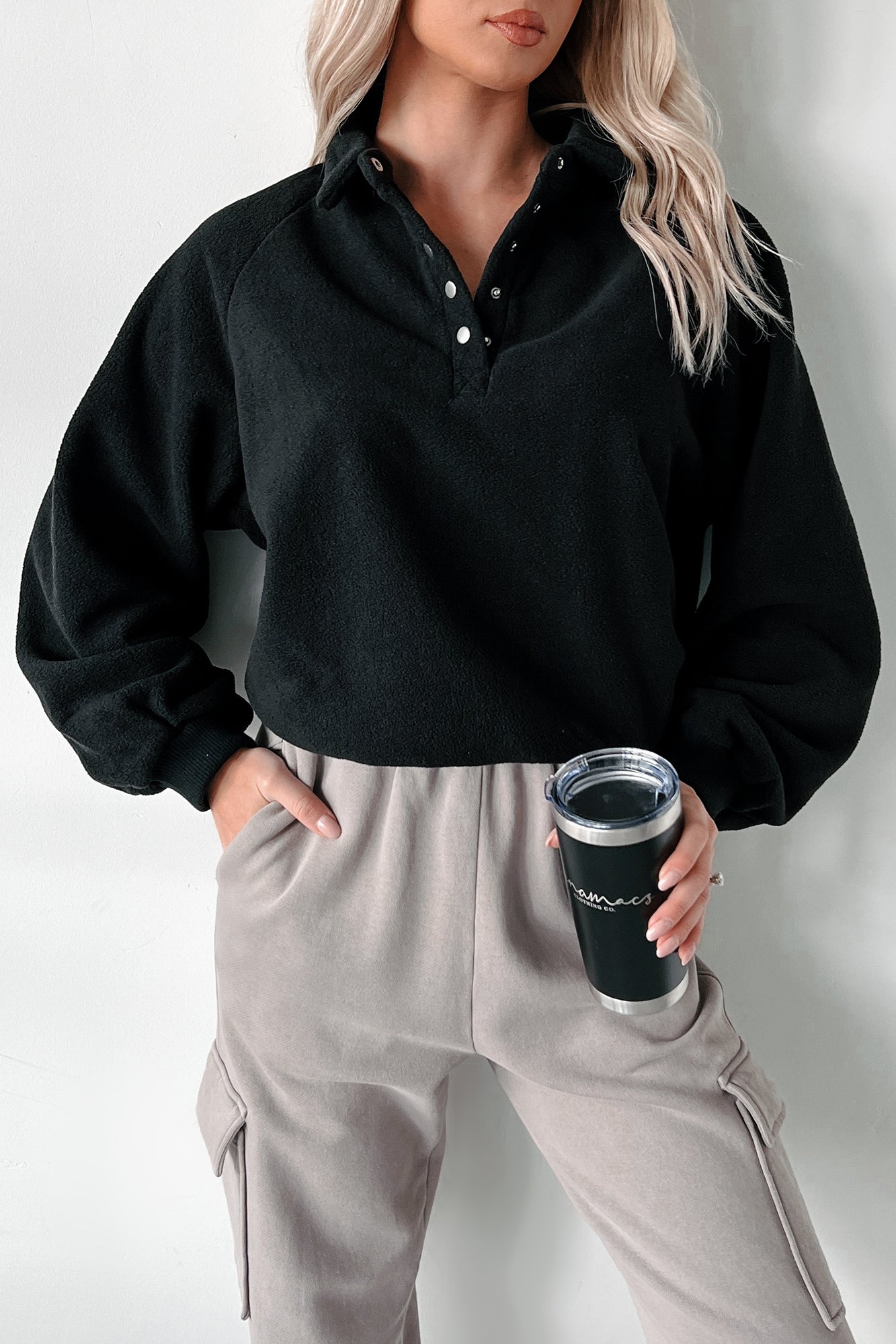 Working Remotely Fleece Pullover Top (Black)