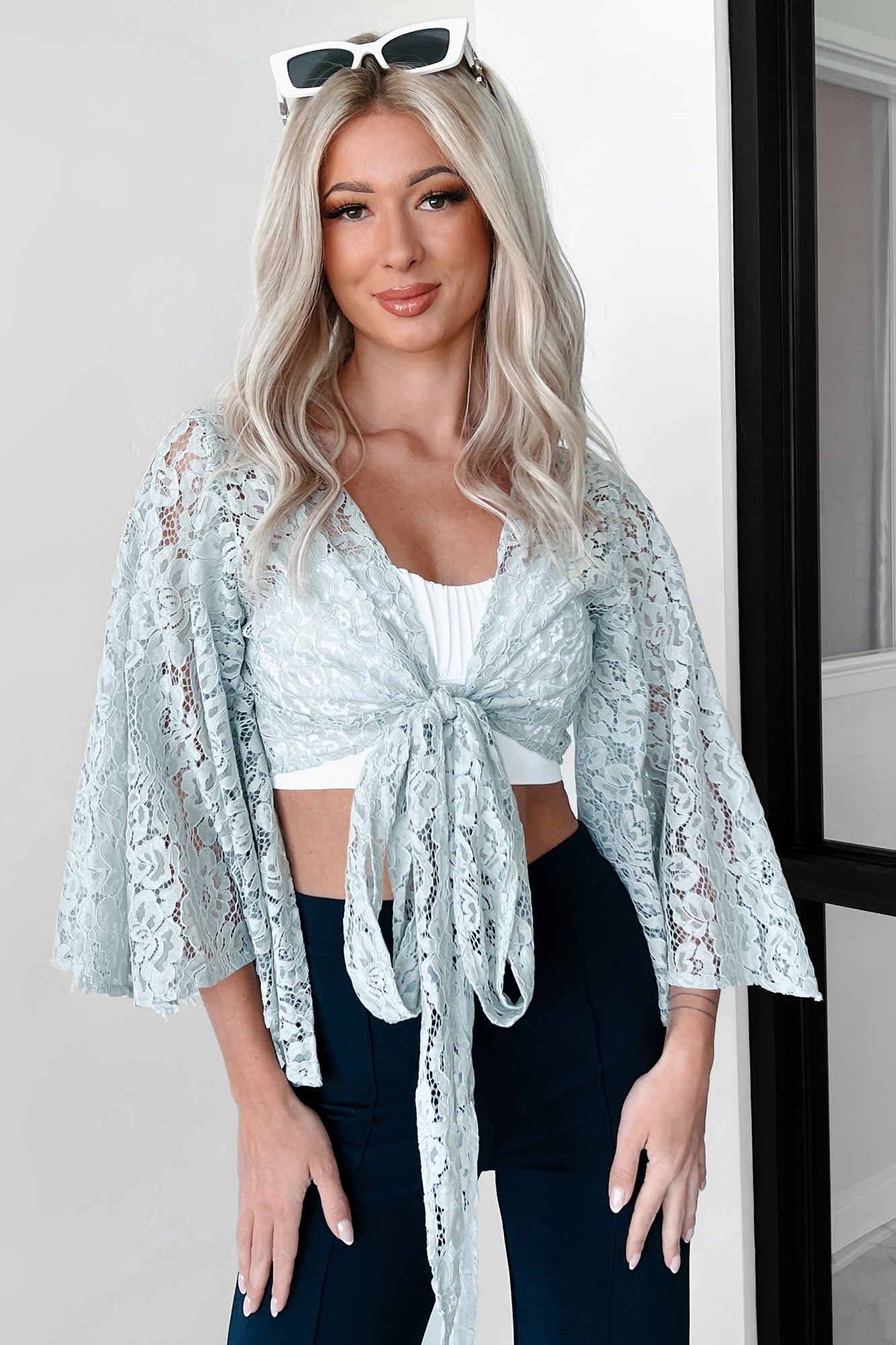 Neutral Nomad Lace Wrap Top (Dusty Blue)