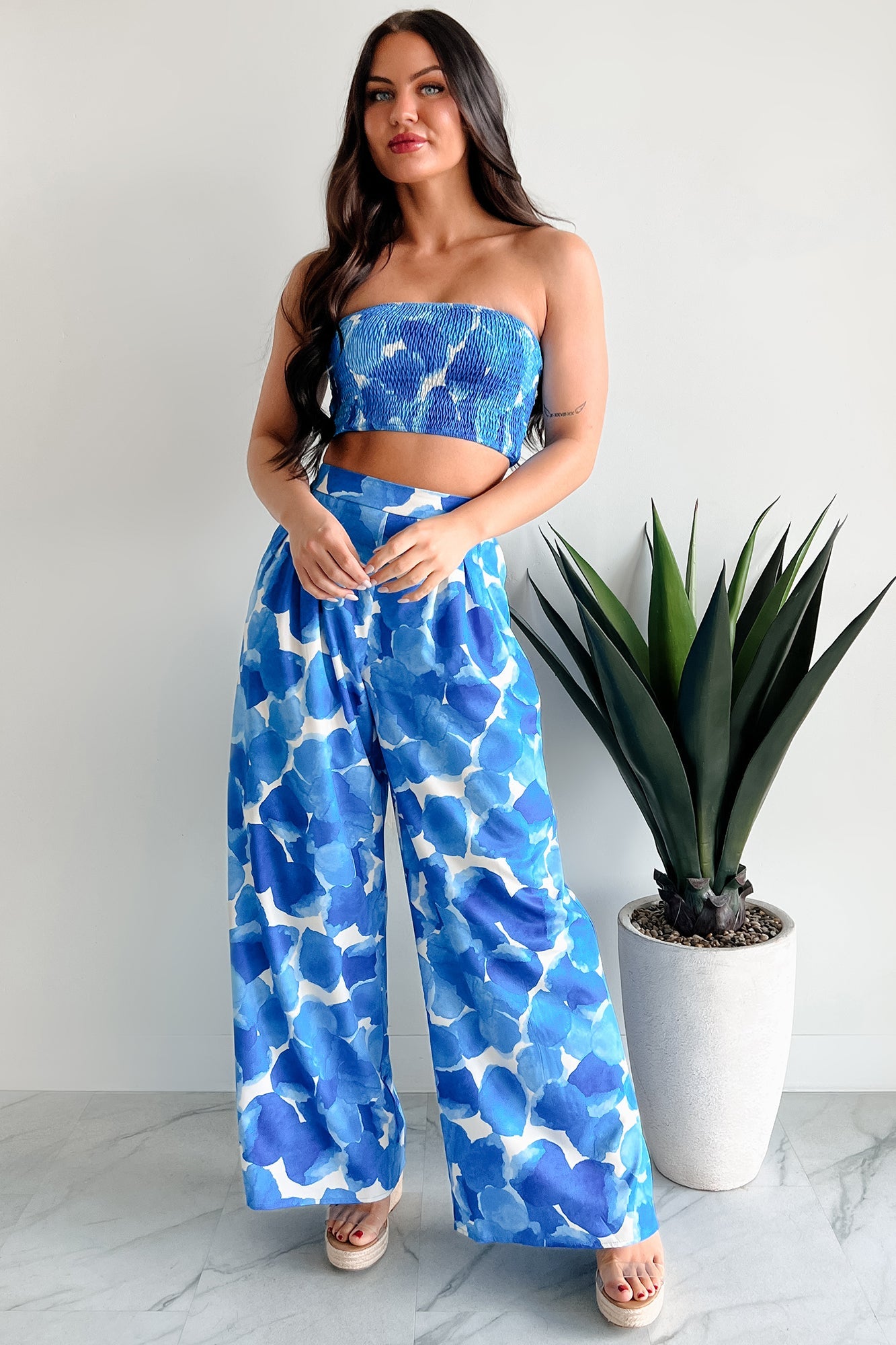 Wandering Freely Two-Piece Bandeau Pant Set (Blue)
