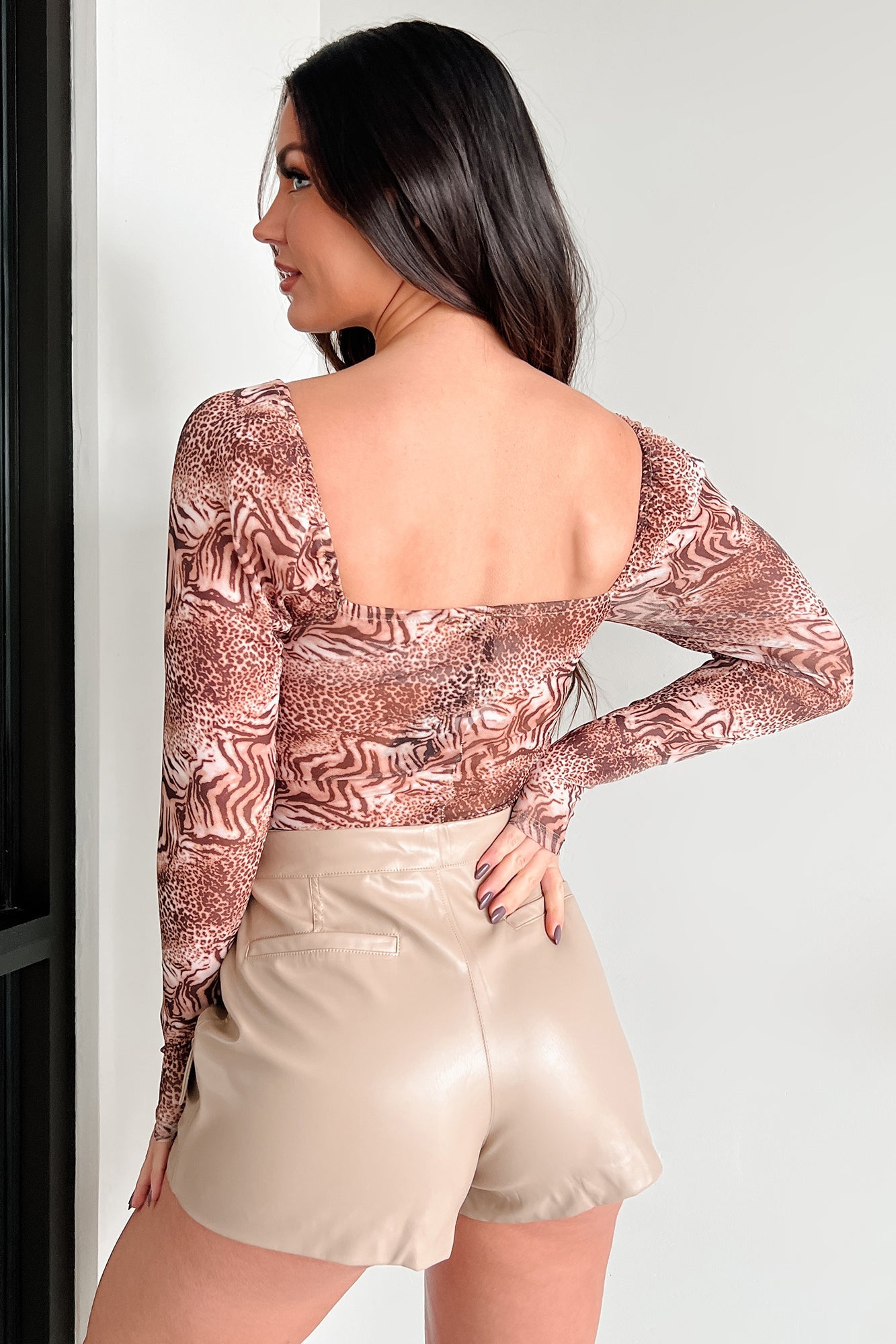 Wildly Attractive Hook Front Animal Print Bodysuit (Brown)