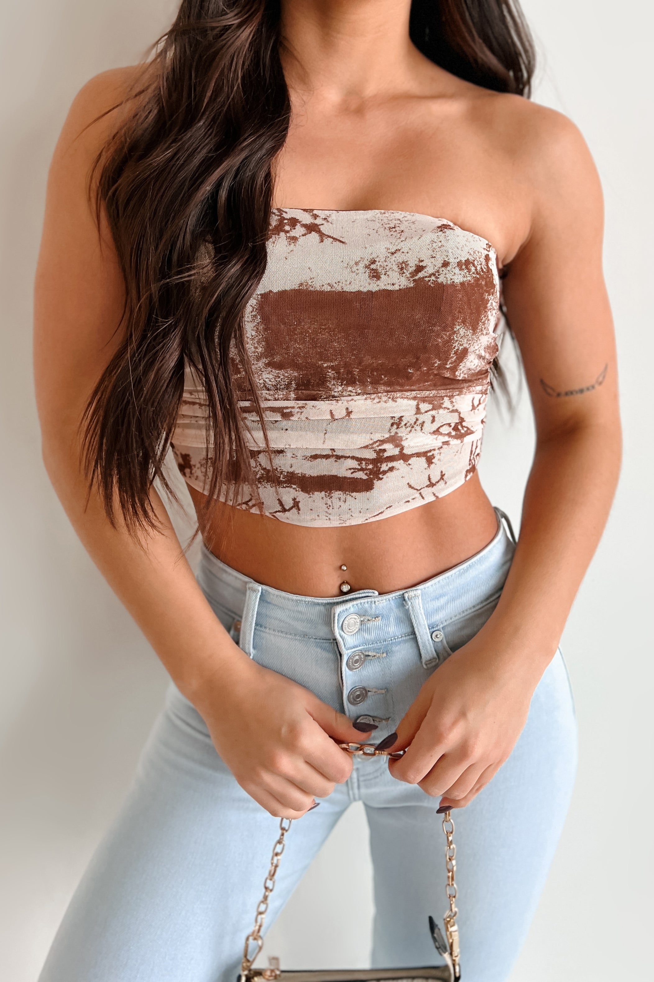 Makenna Printed Mesh Tube Top (Brown)