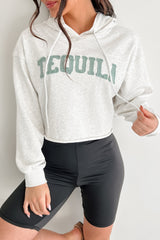"Tequila" Embroidered Crop Hoodie (Heather Grey)