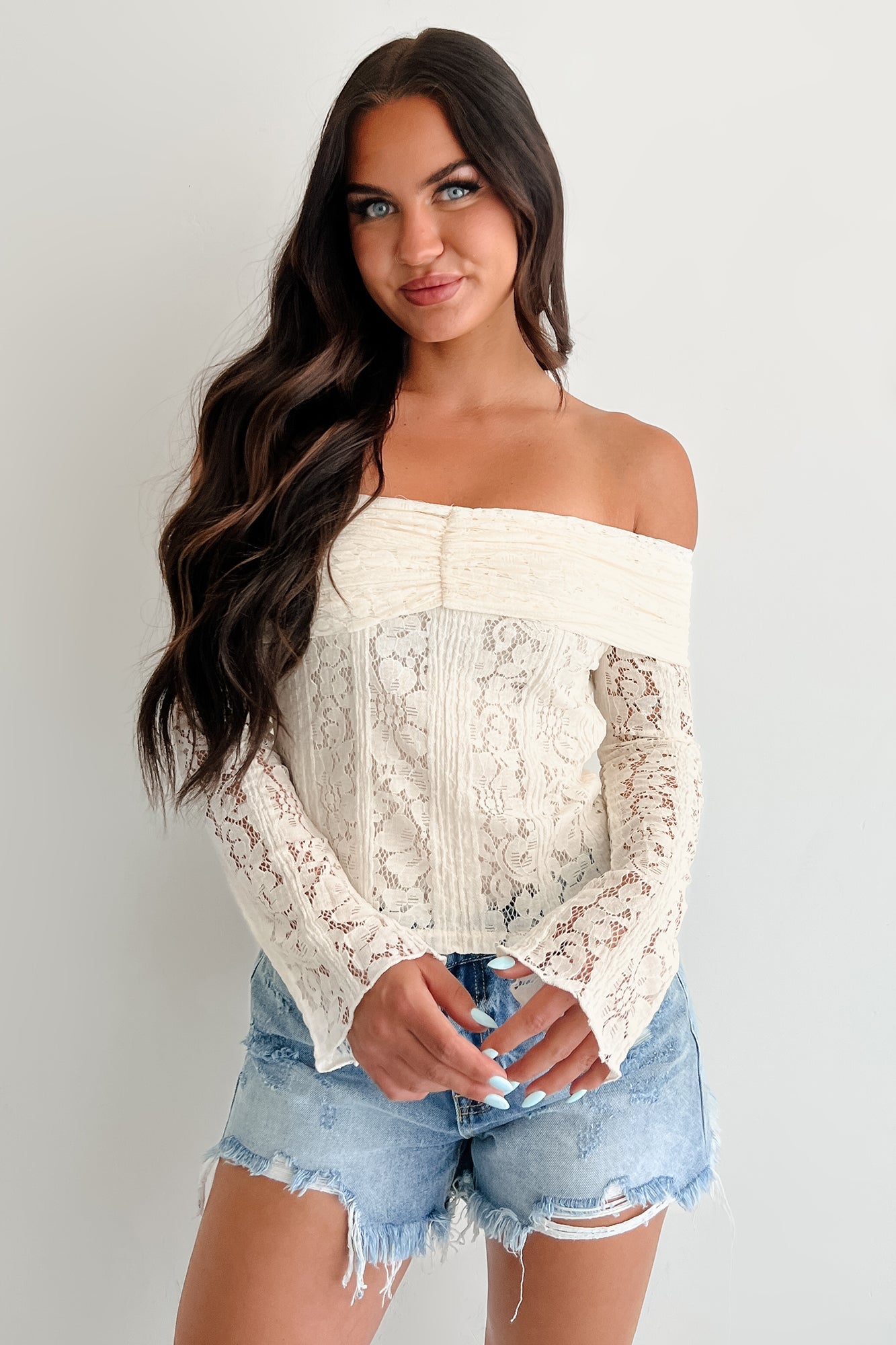 First Kiss Feelings Off Shoulder Lace Top (Ivory)