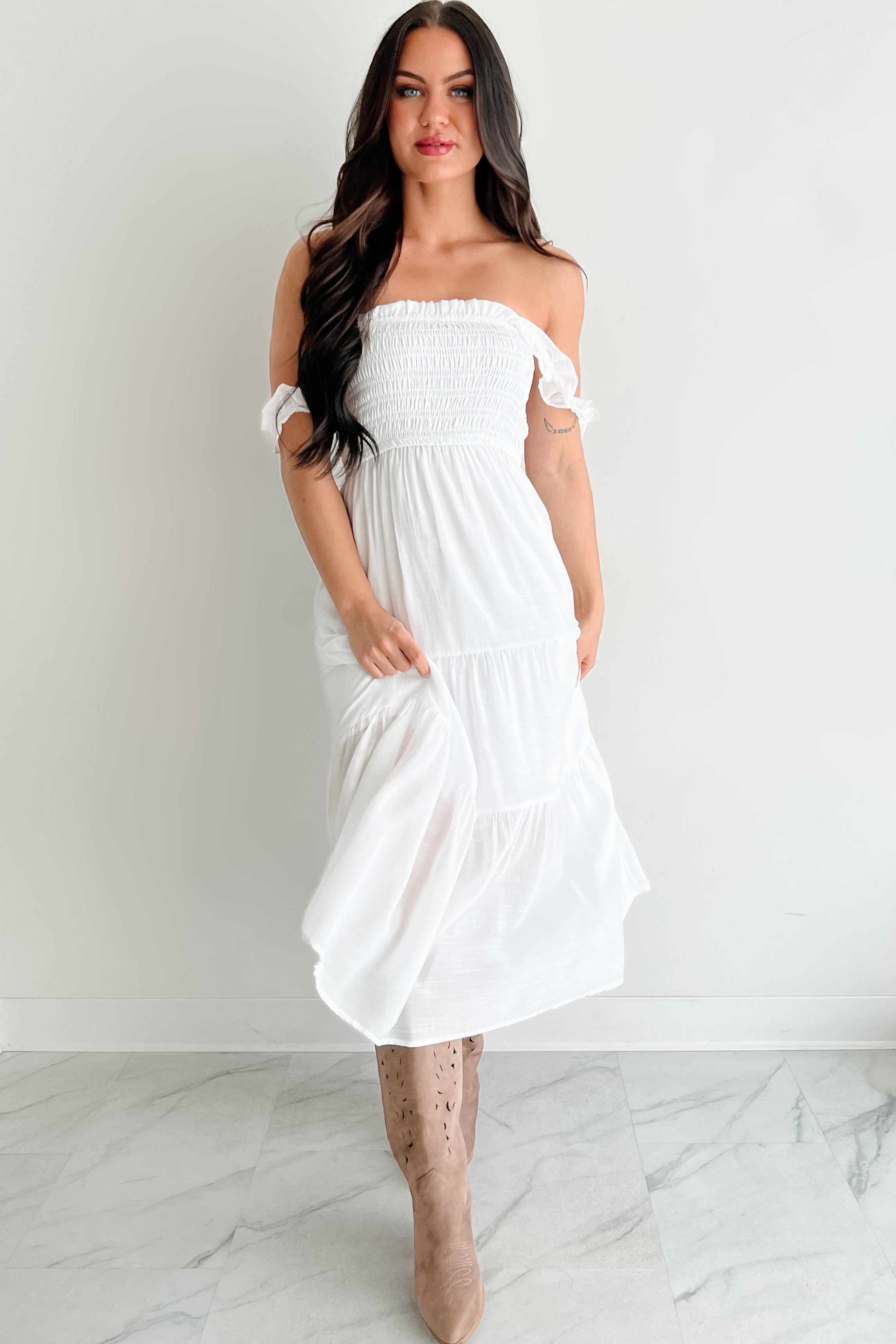 Wild Roots Sleeveless Smocked Maxi Dress (White)