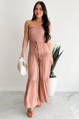 Glam Goddess Strapless Smocked Jumpsuit (Clay)