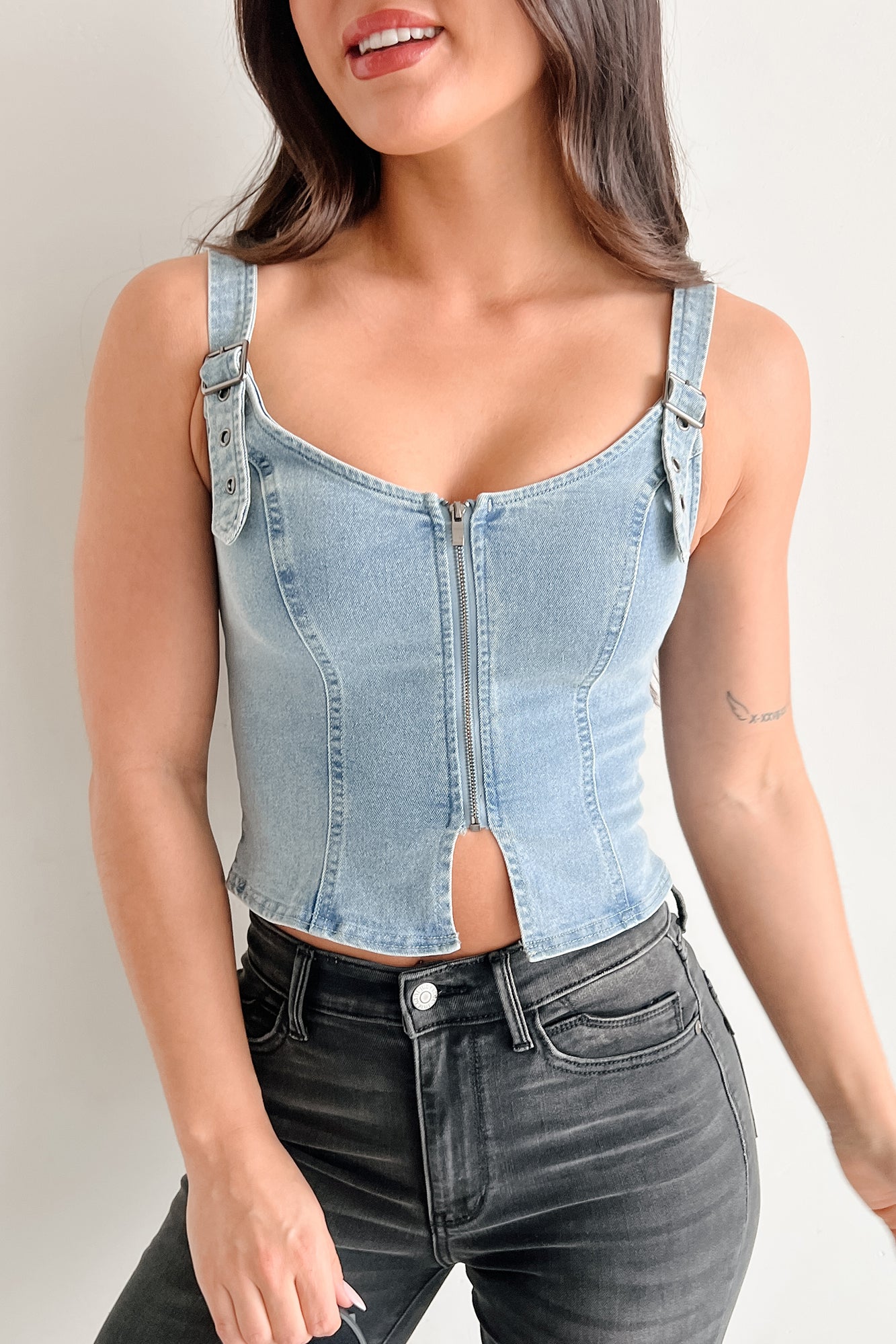 Lady's First Zip Up Denim Tank Top (Light Blue)